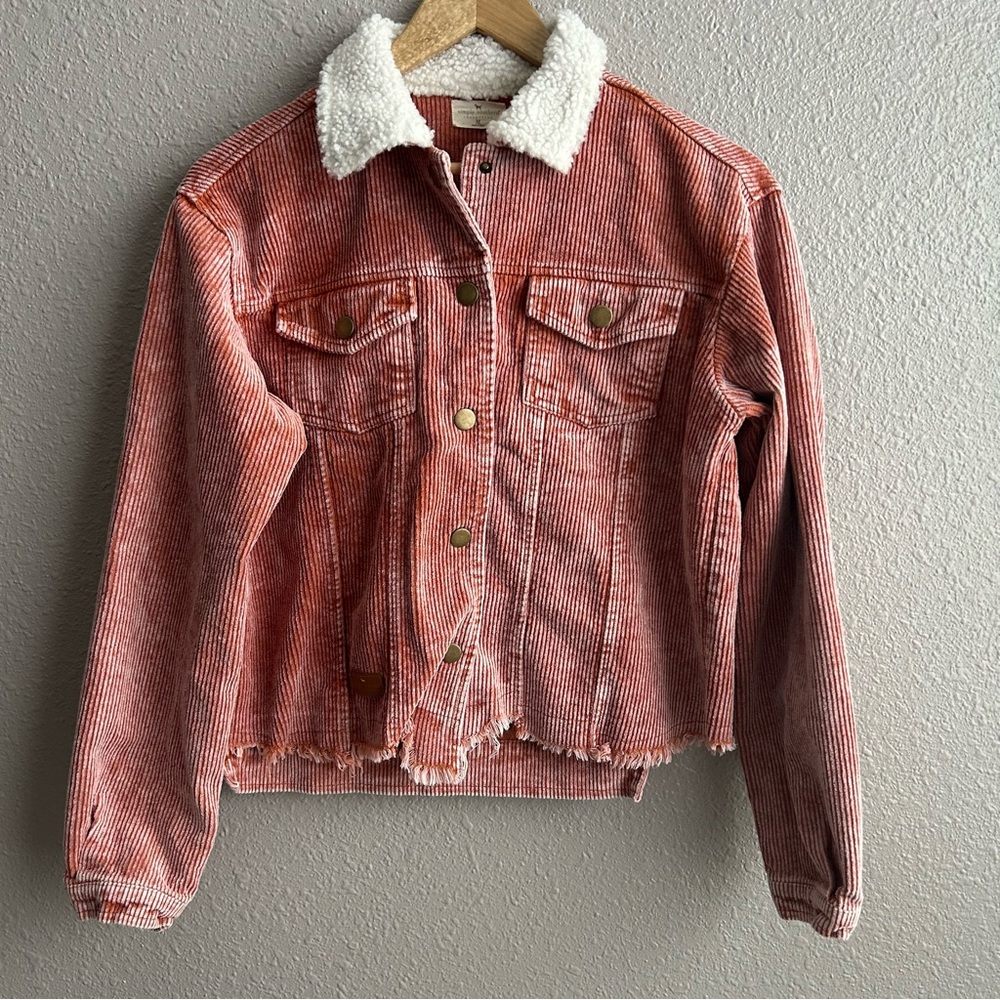 Simply Southern red corduroy Sherpa collar 100% cotton button up jacket